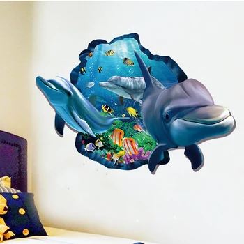 Undewater mare pește delfin prin autocolante de perete pentru camere de copii decor 3d efect de animale decalcomanii de perete din pvc poster 60*90cm artă murală