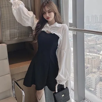 Mozuleva De Moda Set De Doua Bucati De Femei Bluză Albă Cape Curea Negru Rochie Mini 2020 Coreean Chic Elegant 2 Bucată De Costume Costum
