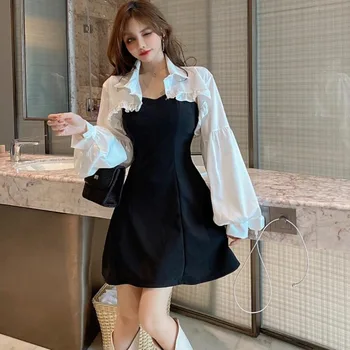 Mozuleva De Moda Set De Doua Bucati De Femei Bluză Albă Cape Curea Negru Rochie Mini 2020 Coreean Chic Elegant 2 Bucată De Costume Costum