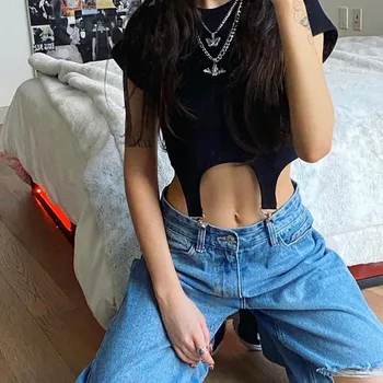 Femei Topuri Chic Moda coreeană Solid Cârlig de Metal Subțire Topuri de Cultură se Potrivesc Expuse Buric Asimetric T-shirt Harajuku Bază Tees