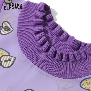 ELFSACK Mov imprimeu Mozaic Tricotate Rochii Casual Femei,2020 Toamna de Epocă Doamnelor coreeană Fals 2 Piese Rochie de zi cu Zi