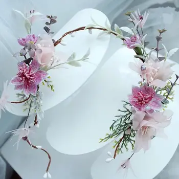 Destul de Roz de Flori de Păr Coroană de flori Pentru Mireasa Handmade Nunta Accesorii de Par pentru Mirese cu Bandă de susținere cu Cercei