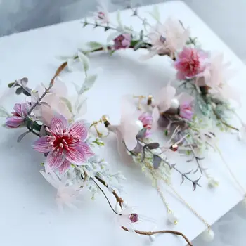 Destul de Roz de Flori de Păr Coroană de flori Pentru Mireasa Handmade Nunta Accesorii de Par pentru Mirese cu Bandă de susținere cu Cercei