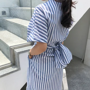 Femeile Din Coreea De Vara Din Bumbac Albastru Cu Dungi Bandaj Split Rochie Lunga De Sex Feminin Lunga Bodycon Plus Dimensiune Vestido Halat Femme Ete Sukienki