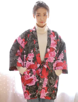 Japoneze Femei De Iarnă, Cald Kimono Din Bumbac Gros Căptușit Haori Haina Vatuita Bumbac Outterwear Florale Imprimate Vrac Palton W035