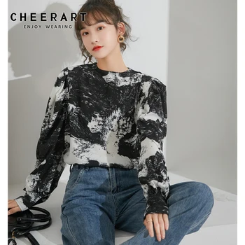 CHEERART Pictura de Cerneală Puff Maneca de Sus Maneca Lunga Bluza Femei Topuri Și Bloues Imprimare Vrac Top Casual de Toamna 2020 Îmbrăcăminte coreeană
