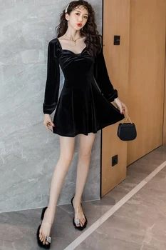 Nouă Primăvară pentru Femei Vintage dress Arc Slim Piept Felinare Catifea 20 Un Cuvânt Rochii Negre 8148
