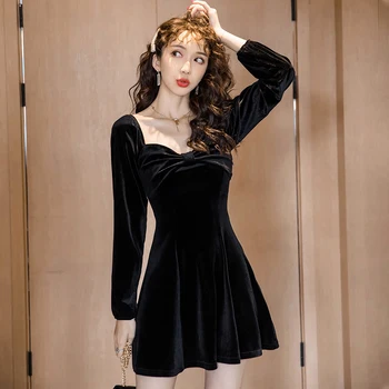 Nouă Primăvară pentru Femei Vintage dress Arc Slim Piept Felinare Catifea 20 Un Cuvânt Rochii Negre 8148