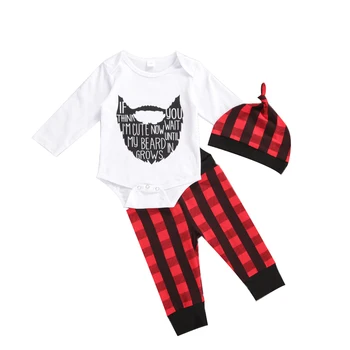 Copil Nou-Născut Tinutele 3-Piesă Casual Scrisoare Maneca Lunga Print Romper+Rosu Carouri Pantaloni+Pălărie, Costum De Toamna Fete Baieti Set