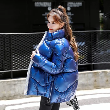 Coreea Style Femei Jacheta de Iarna Scurte Stil Parka Supradimensionate de sex Feminin Vrac Solid Lucioasă Plus Dimensiune Stand Guler Gros Paltoane