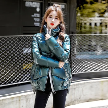 Coreea Style Femei Jacheta de Iarna Scurte Stil Parka Supradimensionate de sex Feminin Vrac Solid Lucioasă Plus Dimensiune Stand Guler Gros Paltoane
