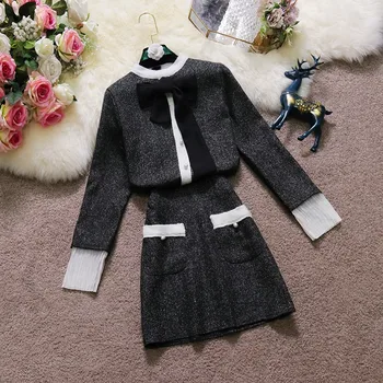 2021 Izvor Nou de sex Feminin O-Arc de Gât tricotate Cu Sifon pulover + Talie Înaltă, Buzunare Fusta a-line cu Două Seturi de Piese de Costume pentru Femei