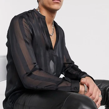 INCERUN Om Vedea Prin Negru Camisa Sexy Club Bluza Streetwear Bărbați Plasă Stripe Shirt de Moda cu Maneci Lungi V-Neck Cămașă 5XL