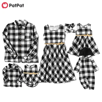PatPat 2020 Nou Primăvara și Vara Mozaic de Familie Potrivire Carouri Seturi(Bowknot Rezervor Rochii - Plaid Button Front Shirt - Salopetă)