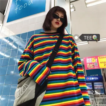 NiceMix Tricou Femei O-neck Tricouri Tricou Maneca Lunga Harajuku Streetwear-coreean de Cauzalitate Liber Curcubeu cu Dungi T-shirt Pentru Femei