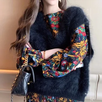 Imitație de blană de Nurcă Wool V-neck Moda coreeană Pulover Vesta Femei 2020 Iarna Noi Vrac Pulover Tricotate Vesta