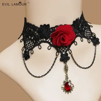 Printesa Lolita Gotic colier vintage scurt colier lanț trandafir roșu negru chocker din dantela guler fals vampir decor JL-139