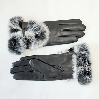 Mănuși din piele pentru femei piele de oaie neagră mănuși de moda 2019 nou blana de iepure în stil toamna și iarna plus catifea caldă doamnelor cu mașina