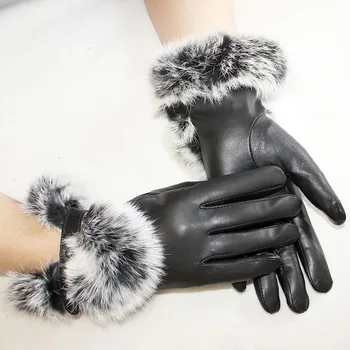 Mănuși din piele pentru femei piele de oaie neagră mănuși de moda 2019 nou blana de iepure în stil toamna și iarna plus catifea caldă doamnelor cu mașina