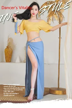 2020 Vara Noi Belly Dance High-end Morandi Culoare Mixt Sexy Show de Dans de Formare Costum Jumătate Mâneci Top Lung Split Fusta Burta