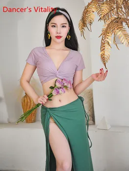 2020 Vara Noi Belly Dance High-end Morandi Culoare Mixt Sexy Show de Dans de Formare Costum Jumătate Mâneci Top Lung Split Fusta Burta