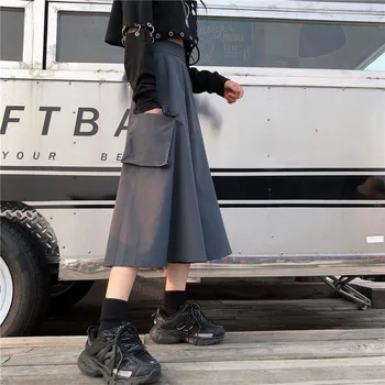 Gothic Punk Femei Talie Mare Negru Fuste Lungi Cu Buzunar Harajuku Fete Cool Vintage Gri Neregulate-linie de Moda Fuste Midi
