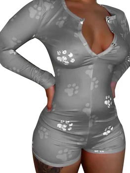 Femei Sexy Body Maneca Lunga Adânc V-Gât Rochie Bodycon Întinde Tricou Crop Scurt Vladan Drăguț Desen Animat De Imprimare Salopeta Salopete