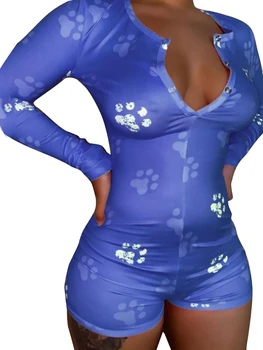 Femei Sexy Body Maneca Lunga Adânc V-Gât Rochie Bodycon Întinde Tricou Crop Scurt Vladan Drăguț Desen Animat De Imprimare Salopeta Salopete