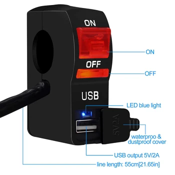 Universal Motocicleta Faruri Comutator pornit/OPRIT 5V 2A Încărcare Rapidă USB Adaptor Încărcător Cu LED Albastru Indicator de Lumina