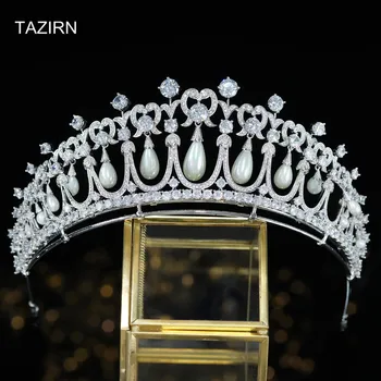 De lux Cubic Zirconia Regală Prințesa Diana Perla de Nunta Mireasa Diademe și Coroane CZ Concurs Headpieces Zircon Bijuterii de Păr