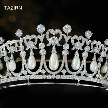 De lux Cubic Zirconia Regală Prințesa Diana Perla de Nunta Mireasa Diademe și Coroane CZ Concurs Headpieces Zircon Bijuterii de Păr