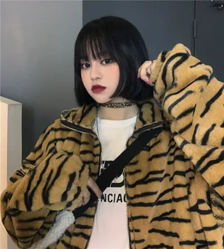 Harajuku Retro Cald Iarna Paltoane Femei De Moda De Pluș Cu Fermoar Buzunar Jachete 2020 Zebra Cu Dungi Hanorac Uza Straturi 55454