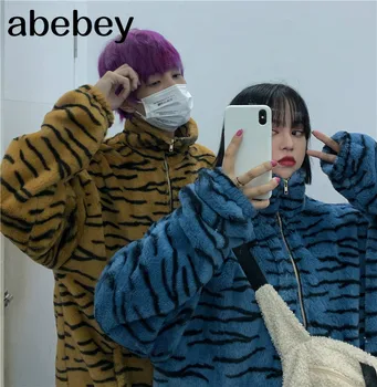 Harajuku Retro Cald Iarna Paltoane Femei De Moda De Pluș Cu Fermoar Buzunar Jachete 2020 Zebra Cu Dungi Hanorac Uza Straturi 55454