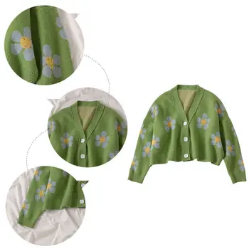 Femei Cu Maneci Lungi Tricotate Pulover Scurt Cardigan Colegiul Stil Drăguț Zâmbitoare Flower Print V-Neck Butoane Strat Liber