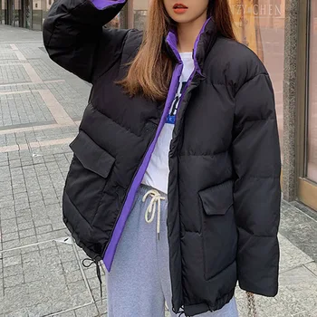 Gotic Bumbac Căptușit Jacheta Femei 2020 Moda De Iarna Gros Simplu Student Pâine Hanorace Jachete Negre Coreean Vrac Top Tineret
