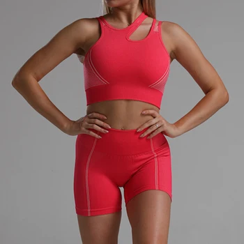 Haine de antrenament pentru Femei fără Sudură de Fitness Scurt Yoga Set Căptușit Sutien de Sport cu Maneci Scurte Crop Top Antrenament pantaloni Scurți de Sport Îmbrăcăminte