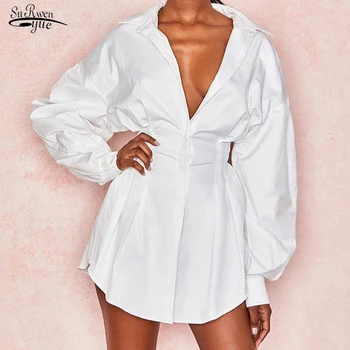 Blusa de sex Feminin Stil European și American Uri Neregulate Bluza Lunga Femei Culoare Solidă Sexy Adânc-V Cutat Talie Cămașă Albă 12135