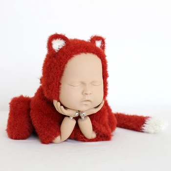 Tricotate Romper Baby Boy Set De Mănuși De Lux Pufos Fox Costum De Iarna Pentru Copii Set Nou-Născut Recuzită Fotografie