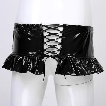 Mens Lenjerie Bodycon Fusta Mini Sexy Erotic Clubwear Aspect Umed din Piele de Brevet Fusta Ciufulit Tiv Hip Split cu Dantela Sus Design