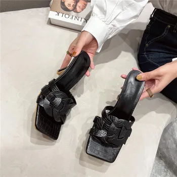Femei Papuci PU Cruce Panglica pentru Femei Pantofi sandale Toc Patrat de Vară Slide-uri de Lux Catâri Pantofi Plus Dimensiune 35-41