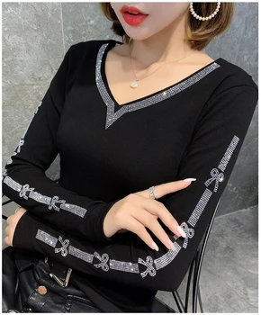 Coreeană Teuri Sexy V-Neck Diamante Tricou Femei Nou Toamna Iarna Topuri Cu Lână Pulover Camiseta Mujer Bottom Tricou T90008