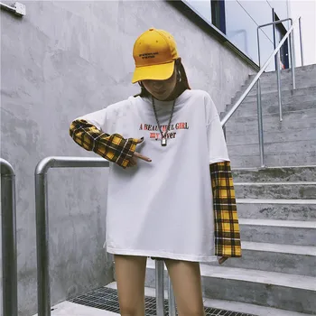 Japonia tricouri Barbati Femei Casual Hip Hop de Top Tricouri Mânecă Lungă Pierde Harajuku Tricou Streetwear Femei Carouri de Moda tricou Fete