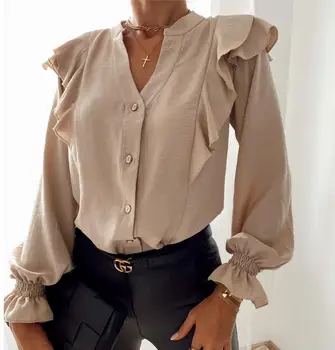 Bluza Camasi Office Lady Primavara-Vara Maneca Lunga Print Ruffle Femei Bluze Sexy V-neck Topuri
