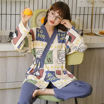 YRRFUOT 2020 Toamna Iarna Bumbac Pijama Femei cu mâneci Lungi, Pantaloni Homewear Costum Kimono Japonez de Desene animate Drăguț Fete Pijamale