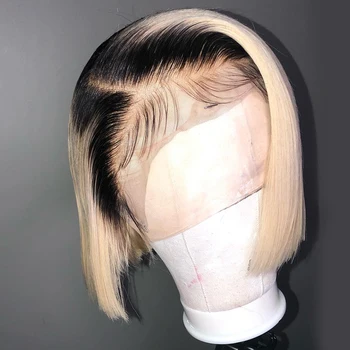 Remy Ombre Blond Mătăsos Drepte Scurte 13×6 Dantelă în Fața Peruca din Par Uman U parte peruca Naturala Parului Mijlocul Raport Curea Ajustabilă