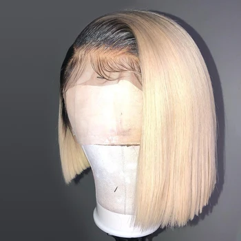 Remy Ombre Blond Mătăsos Drepte Scurte 13×6 Dantelă în Fața Peruca din Par Uman U parte peruca Naturala Parului Mijlocul Raport Curea Ajustabilă