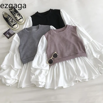 Ezgaga Mozaic Tricouri Femei 2020 Toamna Anului Nou Fals Două O-Gât Puff Maneca Topuri De Moda Coreeană Doamnelor Bluza Casual, Haine