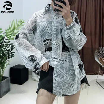 FOLOBE Moda Femei-Ziar Print Camasa Casual Hip Hop Doamna Talie Mare Amestec de Bumbac Bluza cu Maneca Lunga Cardigan Topuri Largi