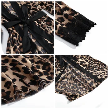 IULIE E MELODIE Noua Moda 4 Bucata Set de Pijama Leopard de Imprimare Femeie Pijamale de Mătase Artificială Sling Halat Cu Pad Piept Sleepwear