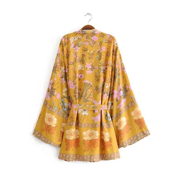 2019 Noi Femeile Boem Galben V gât Flower Print Kimono Tricou Holiday Beach Valul Arc Eșarfe Mid Bluza Cardigan Lung Topuri